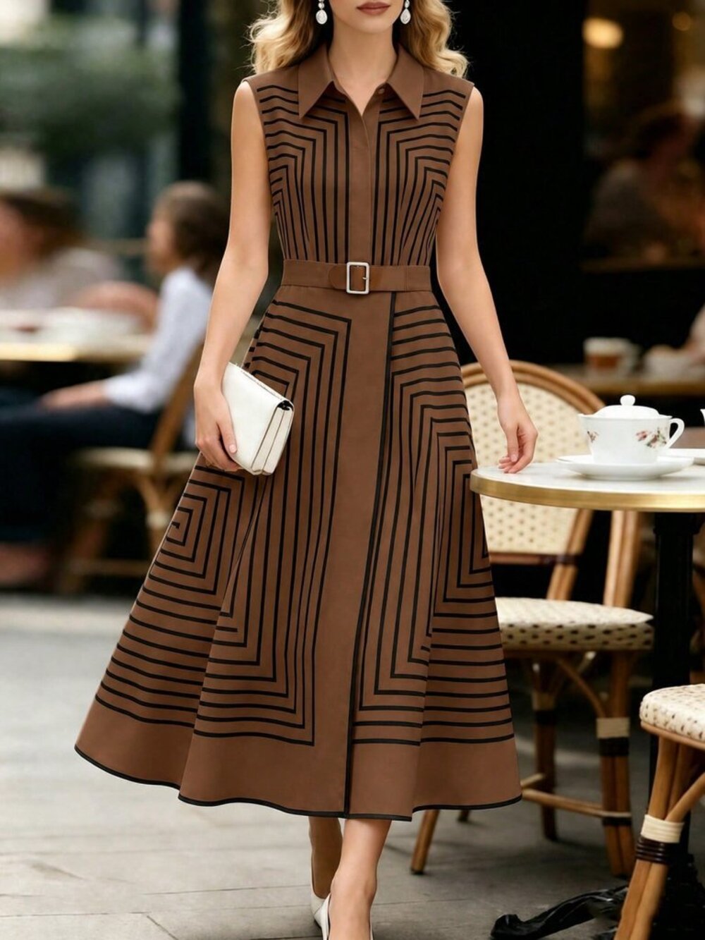 Brown Casual Women's Geometric Striped Sleeveless Shirt Dress - Picture 5 of 6